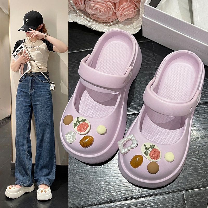 Dép Sandal Bít Mũi Đế Mềm Đính Hoa Dễ Thương Phong Cách Hàn Quốc Thời Trang Mùa Hè Cho Cặp Đôi / Ngày Lễ Tình Nhân DIY