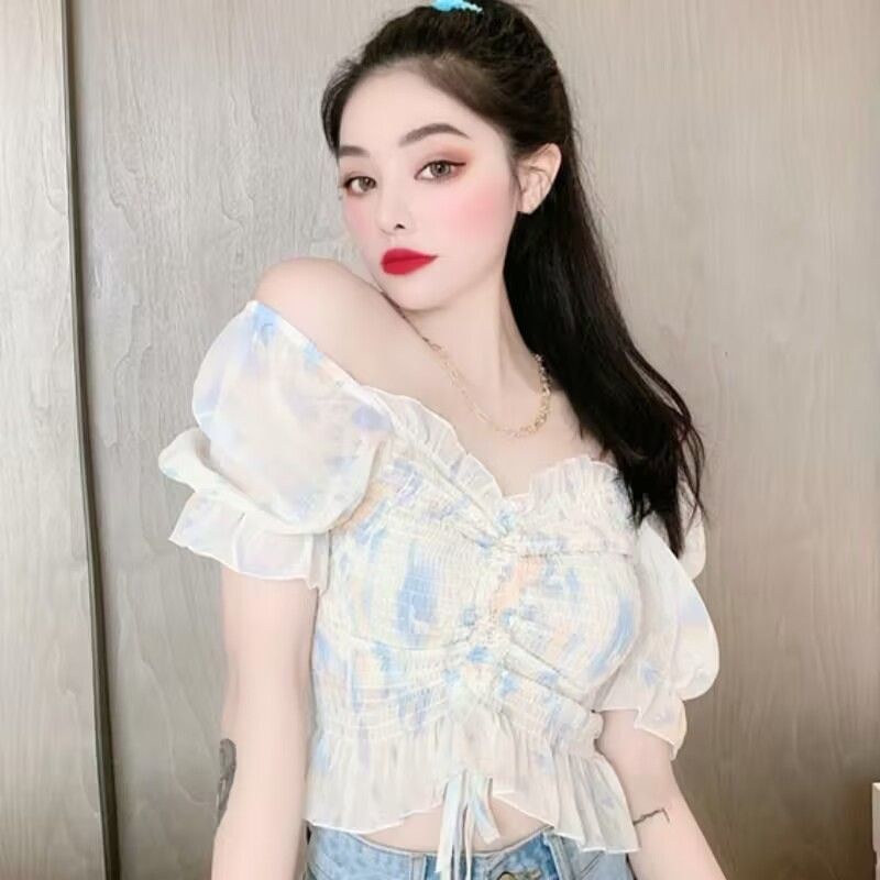 Áo Chiffon Tay Phồng Xếp Ly Phối Dây Rút Phong Cách Hàn Quốc Thời Trang Mùa Hè Xinh Xắn Cho Nữ