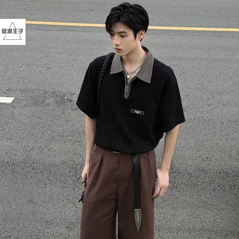 Áo Thun polo Tay Ngắn Có Khóa Kéo Màu Sắc Tương Phản Phong Cách Retro Mỹ Thời Trang Mùa Hè Cho Nam Và Nữ