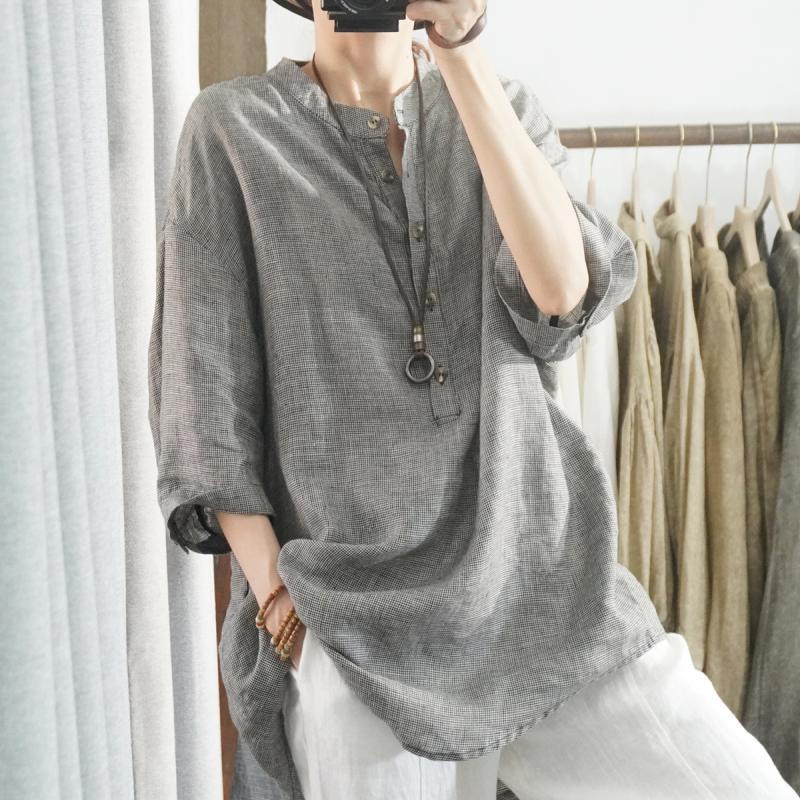 Áo Sơ Mi cotton Lanh Cổ Đứng Tay Lửng Dáng Rộng Thời Trang Mùa Hè Dành Cho Nữ