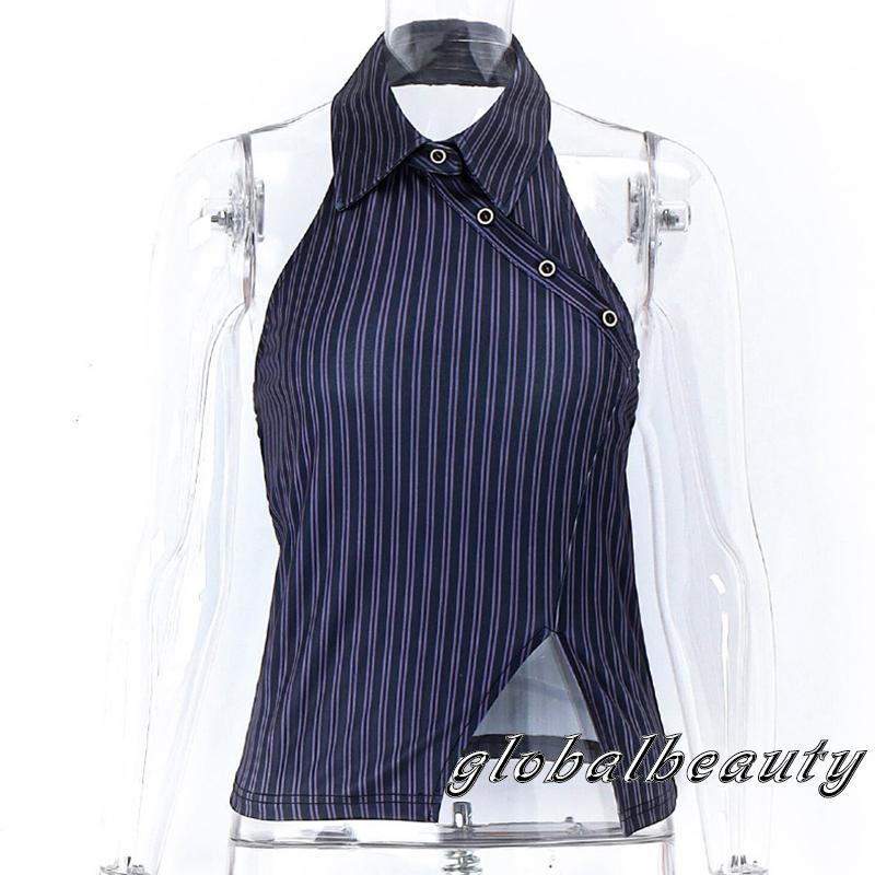 Áo Thun Không Tay Hở Lưng Ôm Dáng Họa Tiết Kẻ Sọc Màu Đen Dành Cho Nữ