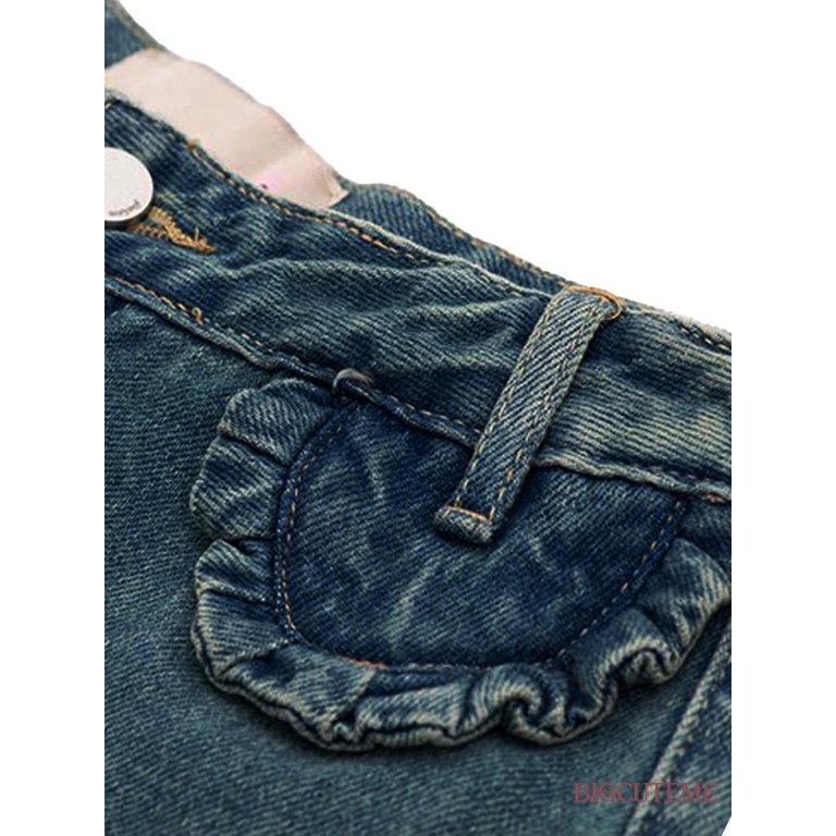 Quần Jean Dài Dáng Rộng Viền Bèo Nhún Màu Trơn Thời Trang Xuân Thu Cho Nữ