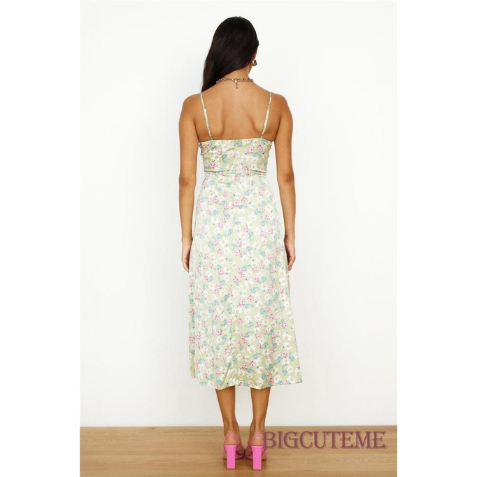 [] - Đầm Midi Hai Dây Hở Lưng Phối Ren Họa Tiết Hoa Phong Cách Quyến Rũ Cho Nữ