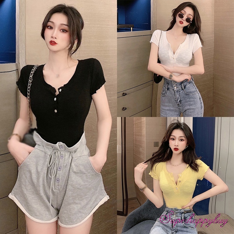 Áo Dệt Kim Tay Ngắn Cổ Chữ V Khoét Sâu Màu Trơn Dễ Thương Thời Trang Mùa Xuân Cho Nữ