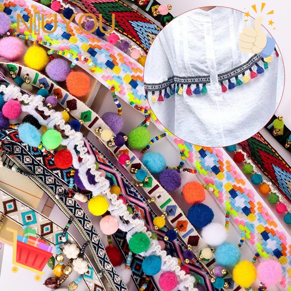 Dải Dây Tua Rua 1 Yard Phối Ren Đính Bóng Lông Phong Cách Bohemia Dùng Trang Trí Đầm