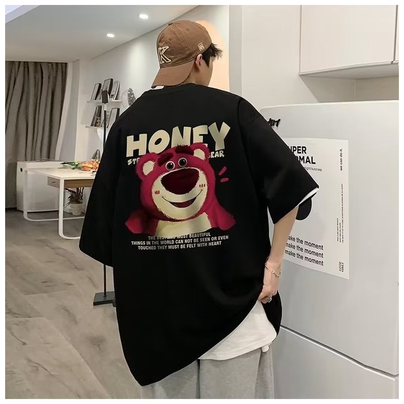 Áo Thun Tay Ngắn Cổ Tròn In Hình Gấu Hồng Thời Trang Mùa Hè 2 Màu Tùy Chọn Kích Thước M-8XL Phong Cách Hàn Quốc Cho Nam