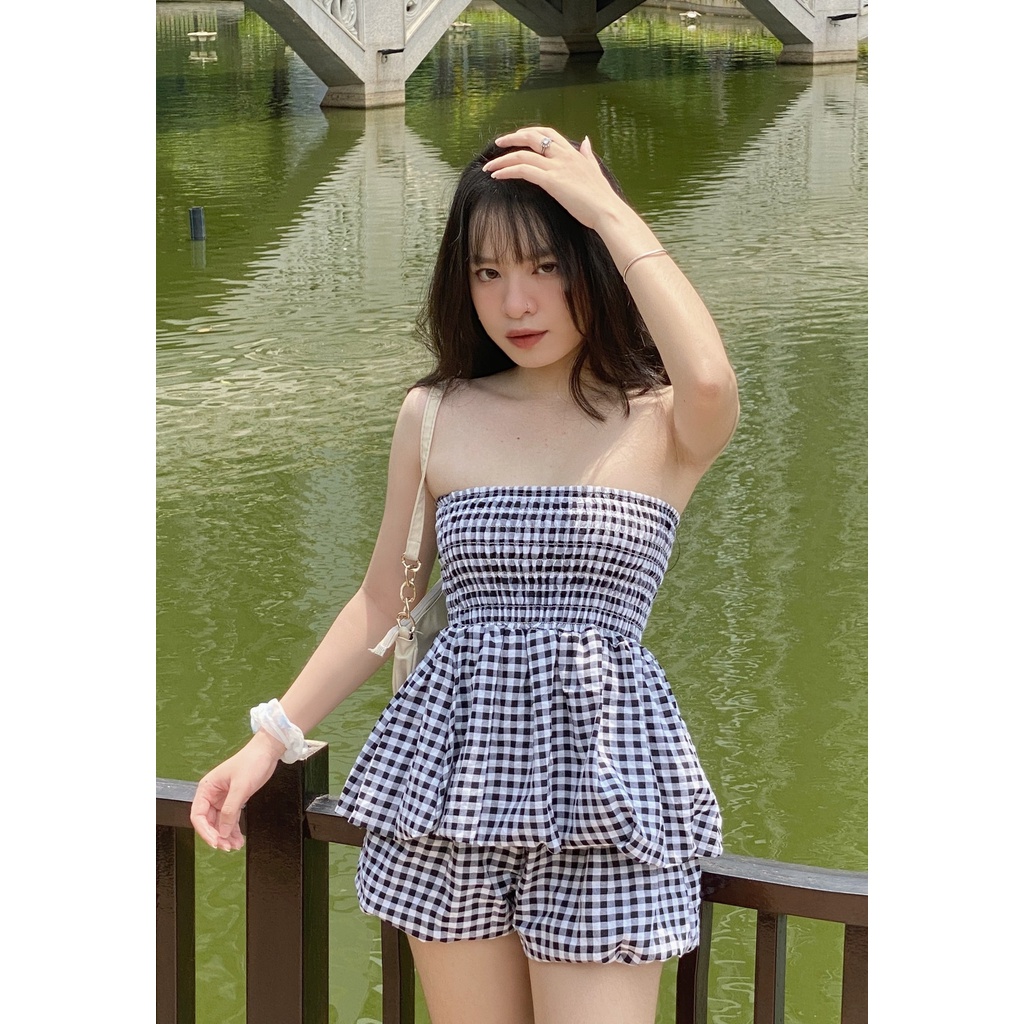 Set áo babydoll kèm quần cạp cao kẻ caro vãi đũi thoáng mát