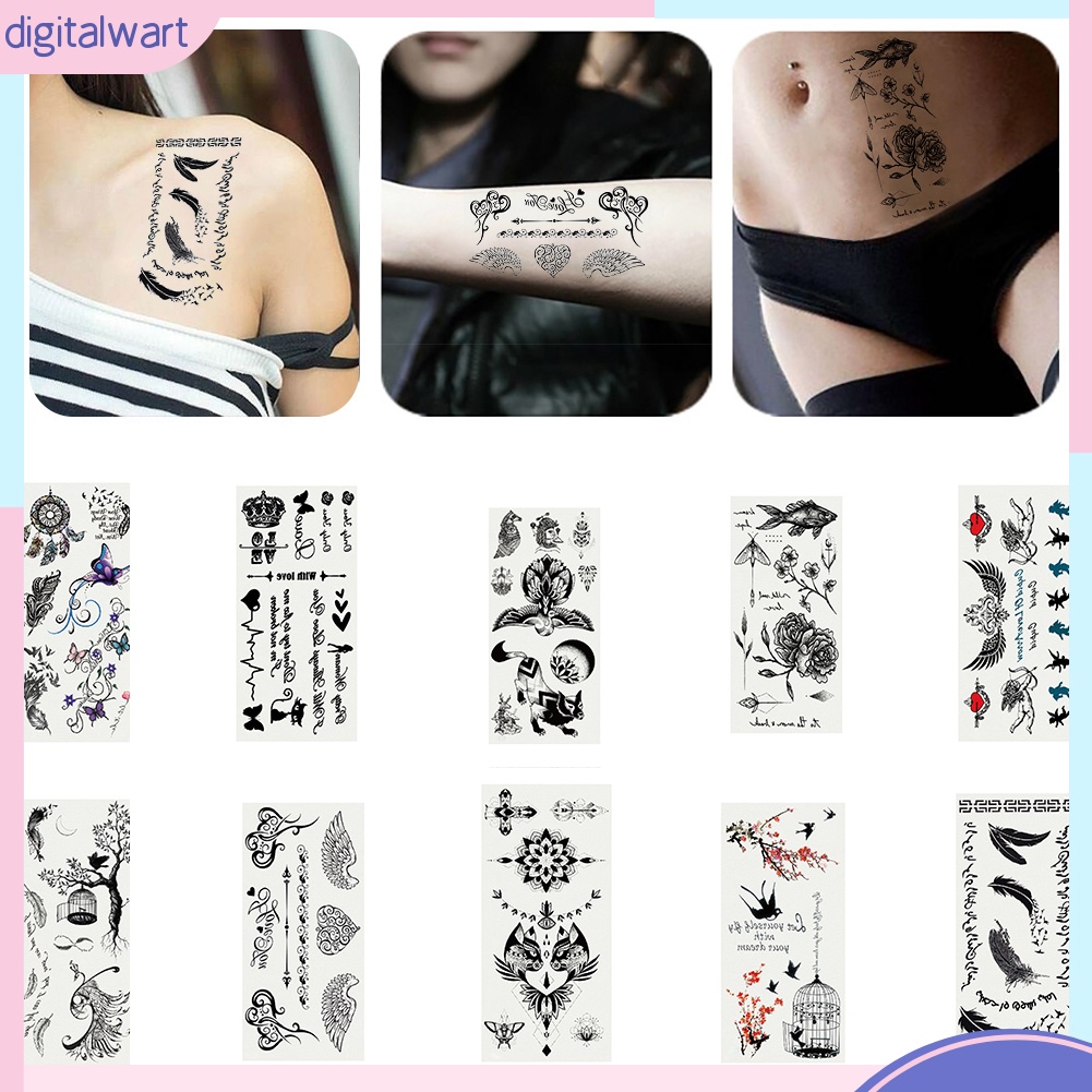 Set 2 Tấm Hình Xăm Dán Nghệ Thuật Họa Tiết Hoa Hồng / Lông Vũ / Bướm / Chữ Cái