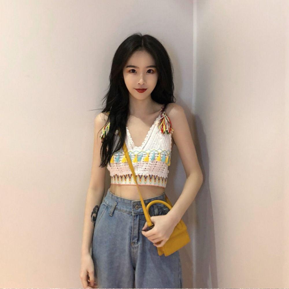 Epoch Áo Croptop Dệt Kim Không Tay Cổ Chữ V Phối Tua Rua Phong Cách Retro Hàn Quốc