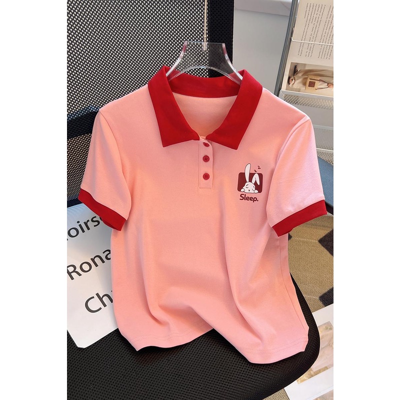 Áo polo Tay Ngắn In Hình Thỏ Nhỏ Màu Hồng Dễ Thương Thời Trang Mùa Hè Cho Nữ