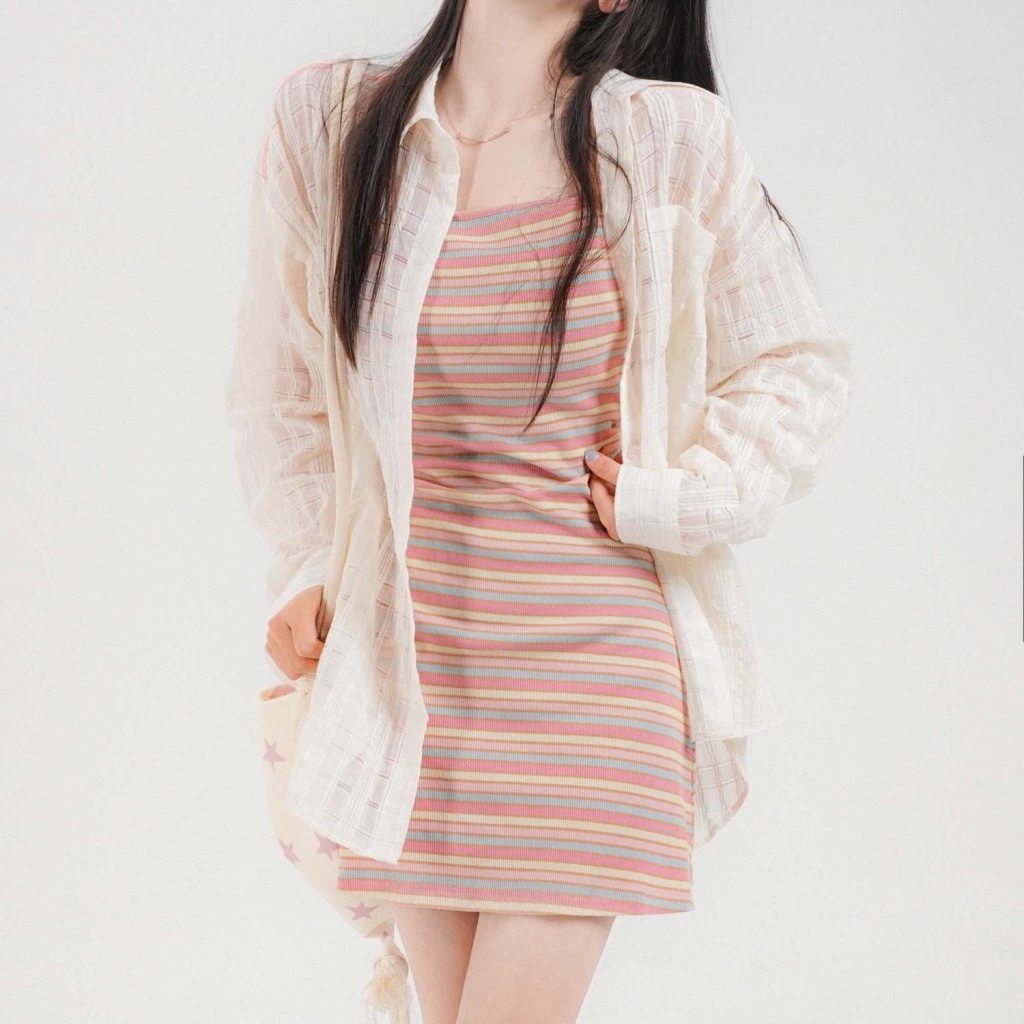 [F &amp; X] Đầm Dệt Kim Hai Dây Ngắn Kẻ Sọc Dáng Ôm Thời Trang