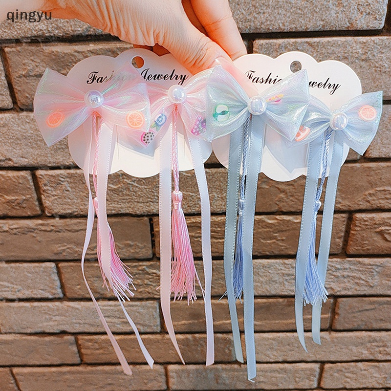 Bộ 2 Kẹp Tóc Nơ Phối Dây Ruy Băng Tua Rua Kiểu Trung Hoa Dễ Thương Cho Bé Gái