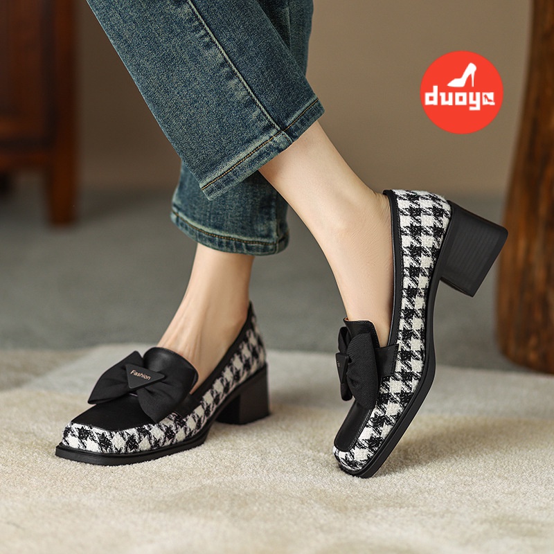 Duoya Tóc Thẳng ~  Giày Lười Đế Dày Mũi Vuông Đính Nơ Phong Cách Anh Quốc Cho Nữ Miễn Phí Vận Chuyển