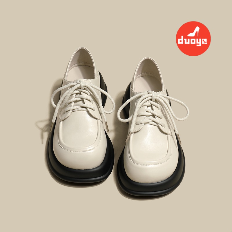 Duoya Tóc Thẳng ~ [Hàng Có Sẵn] Giày Da Mũi Tròn Buộc Dây Dày Dặn Phong Cách Anh Quốc Mùa Thu Dễ Phối Đồ Cho Nữ Miễn Phí Vận Chuyển