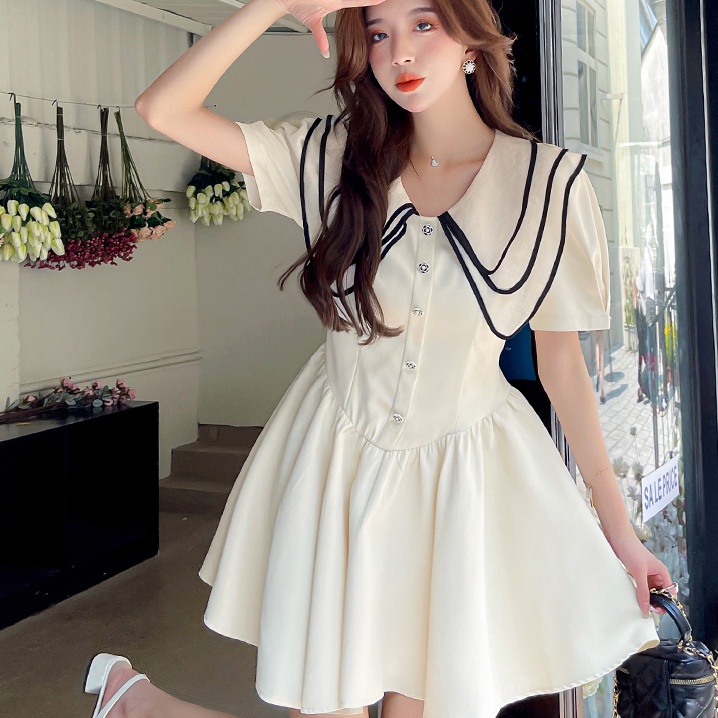 Đầm mini Cài Nút Màu Trắng / Đen Phong Cách Hàn Quốc Thời Trang Mùa Hè Tinh Tế Cho Nữ