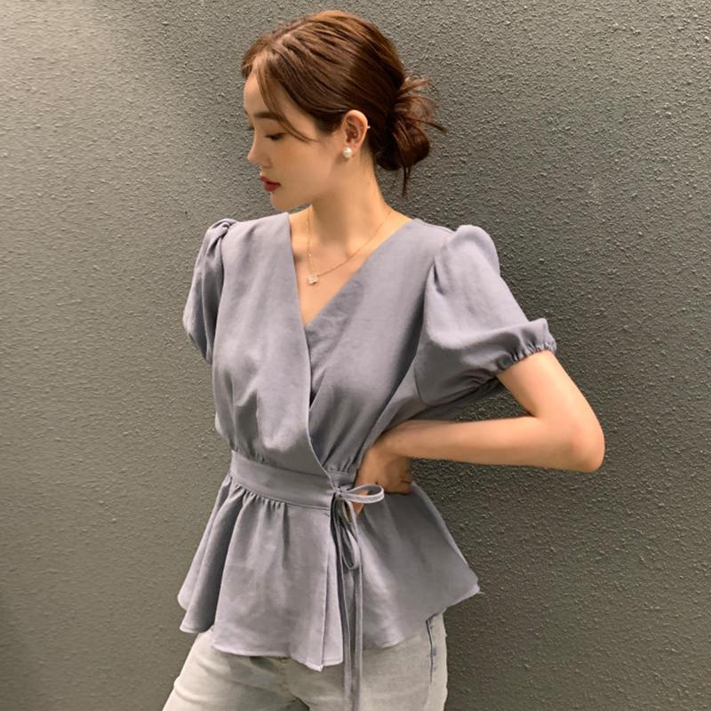 Áo Sơ Mi Tay Phồng Cổ Chữ V Thắt Eo Phong Cách vintage Dành Cho Nữ