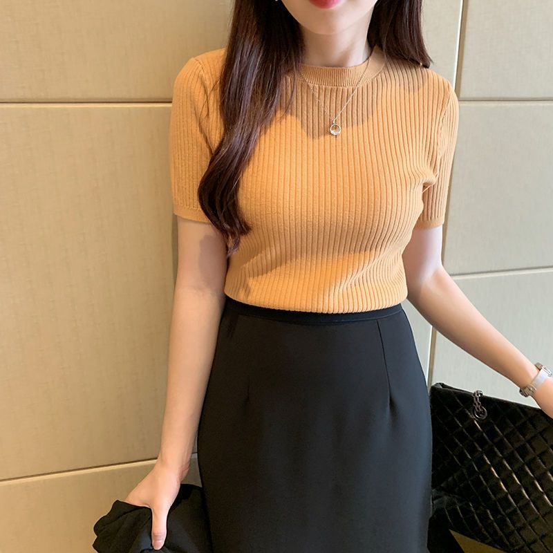 Áo Len Tay Ngắn Màu Trơn Dáng Ôm Thời Trang Dành Cho Nữ