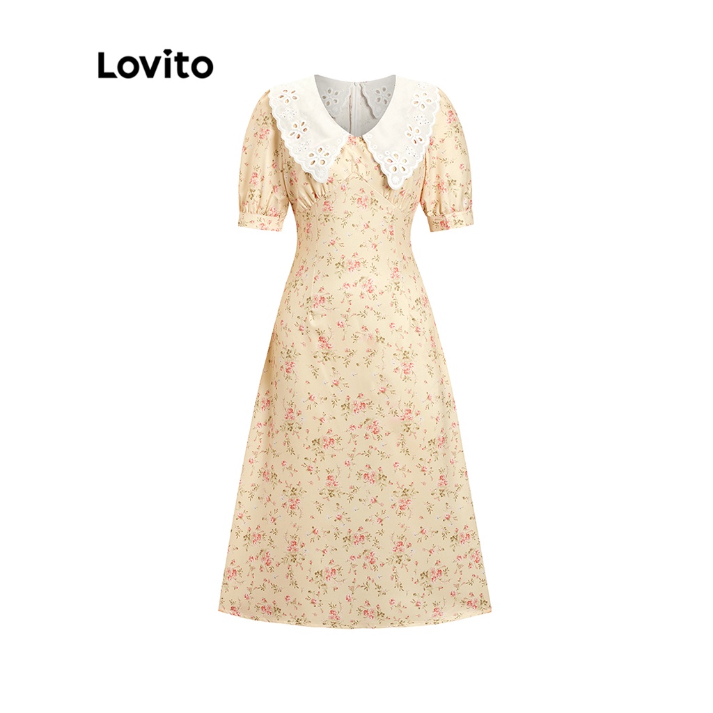 Đầm Lovito tay phồng thêu họa tiết cổ đứng tương phản họa tiết hoa boho cho nữ L51ED133 (màu vàng nhạt)