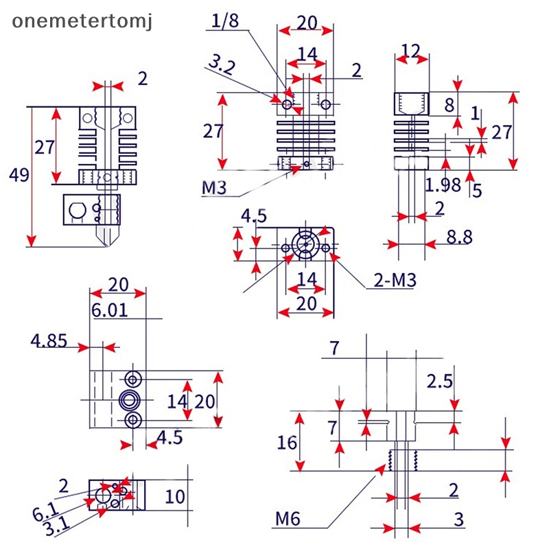 Onemetertomj 1 Cái Hotend - Titan Heat Break, Vòi 4Mm, Khí Nén EN