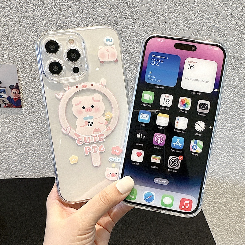 Ốp Điện Thoại Trong Suốt Từ Tính Họa Tiết Bò Sữa Hoạt Hình Cho iphone 15 11 14 plus 12 13 pro max