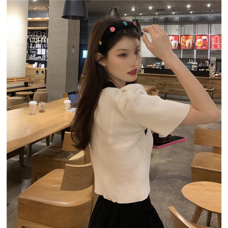 NZN Áo Thun Dệt Kim Tay Ngắn Cổ Chữ V Màu Đen Phong Cách vintage Dành Cho Nữ