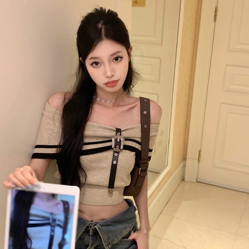 Áo Croptop Dệt Kim Trễ Vai Tay Ngắn Thời Trang Mùa Hè Phong Cách Hàn Quốc Cho Nữ