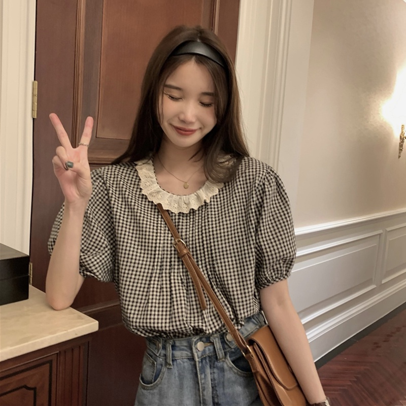 Áo Kiểu Tay Phồng Ngắn Phối Ren Họa Tiết Sọc Caro Phong Cách retro