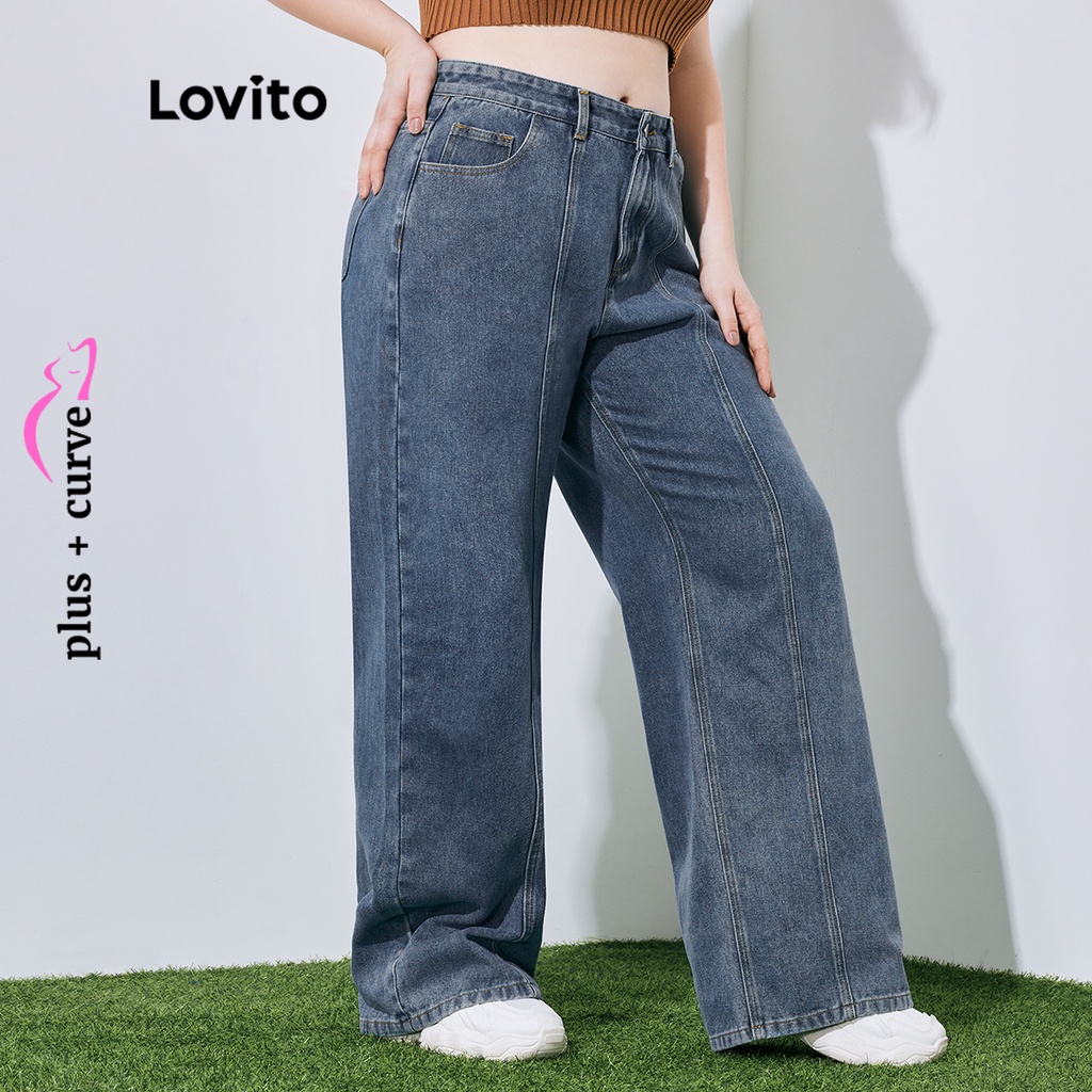 Quần jean LOVITO có túi nút cài khóa kéo màu trơn viền cong size lớn thường ngày cho nữ LPS08106 (màu xanh dương)