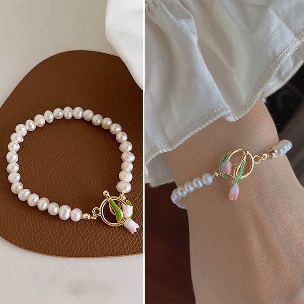 Vòng Tay Hạt Ngọc Trai Thủ Công Hình Hoa Lily Hồng Anh Đào Nhẹ Nhàng Kiểu Pháp Cho Nữ