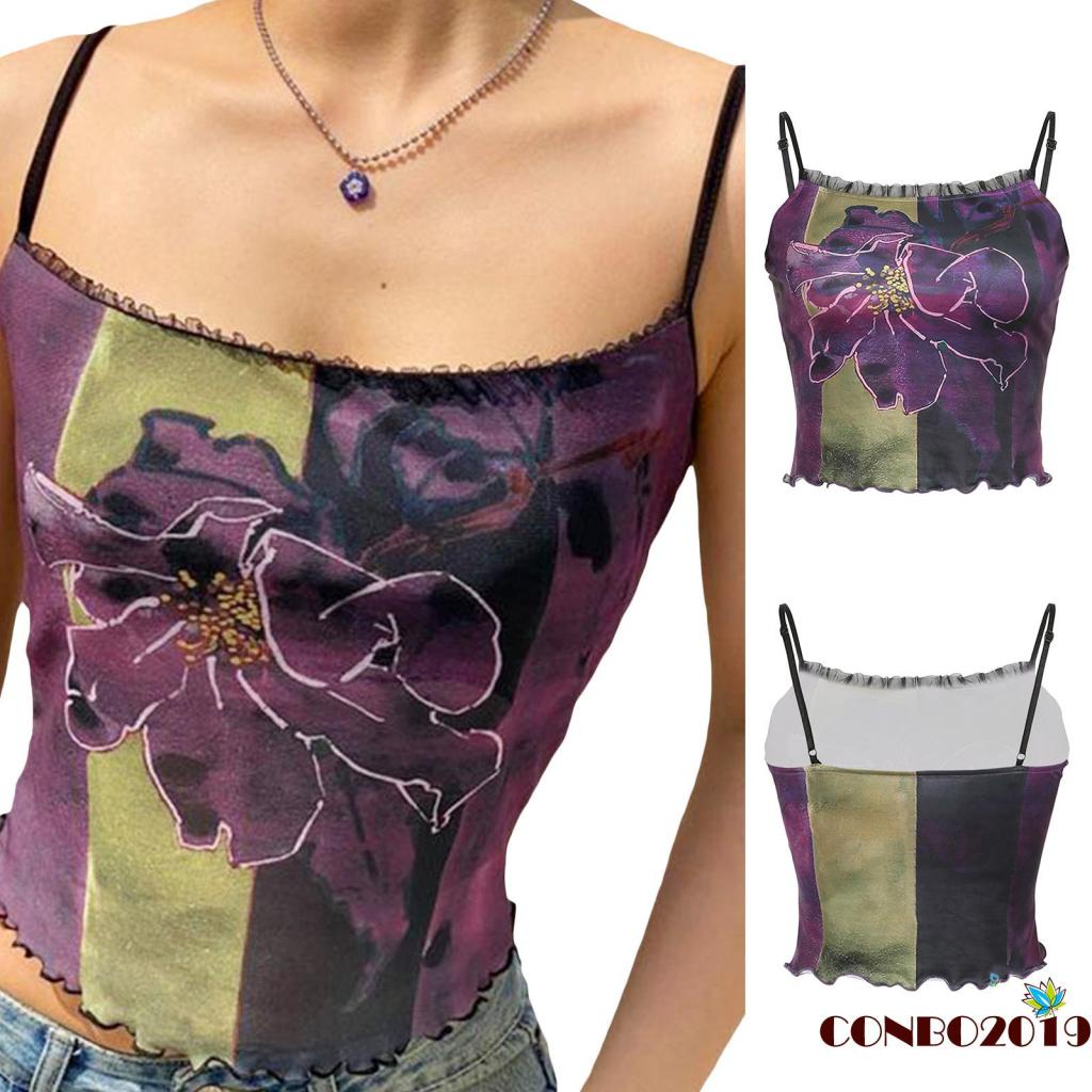 Áo Tank Top Hai Dây Hở Lưng Họa Tiết Hoa Màu Sắc Tương Phản Dành Cho Nữ