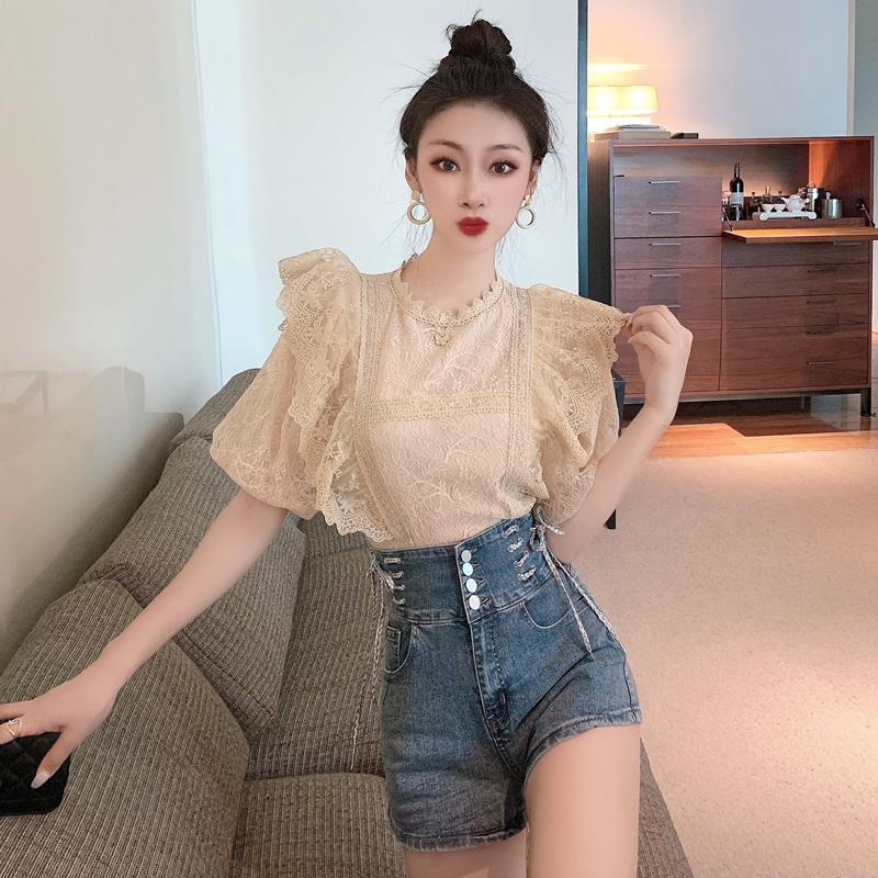 Áo Sơ Mi Chiffon Tay Ngắn Phồng Phối Ren Phong Cách Pháp Thời Trang Mùa Hè Cho Nữ