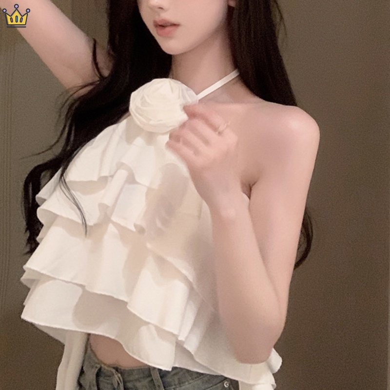 Áo Croptop Hai Dây Hở Lưng Phối Bèo Họa Tiết Hoa Thời Trang Mùa Hè JP5 Cho Nữ Y2k