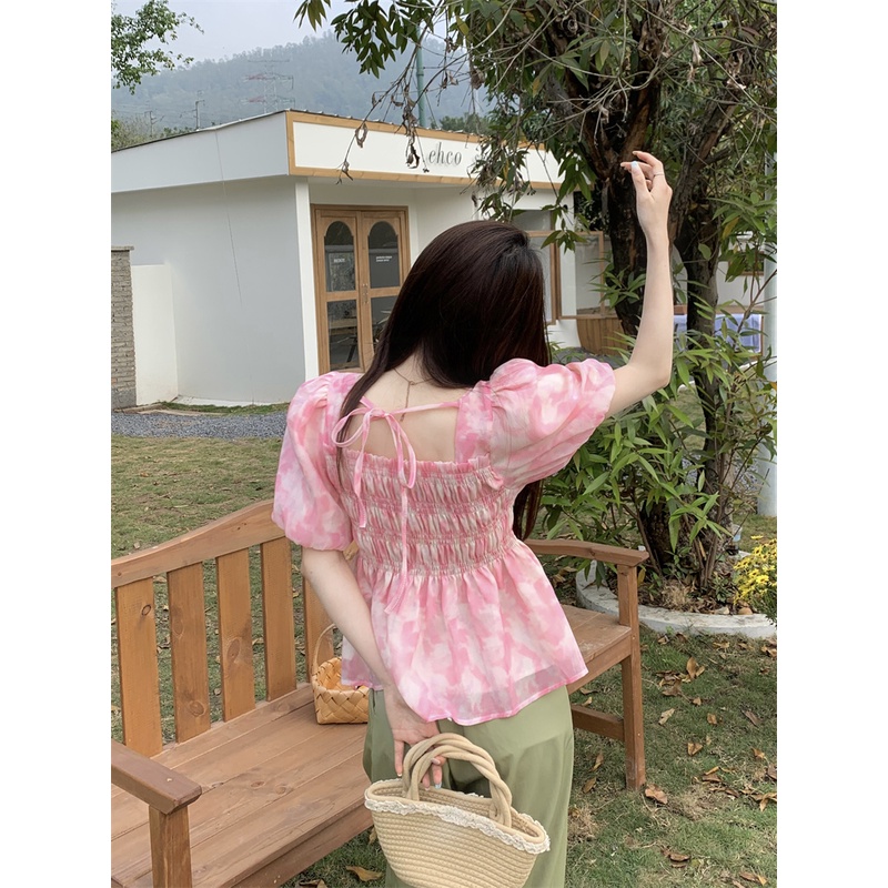 Áo Kiểu Tay Ngắn Cổ Vuông In Họa Tiết Hoa Thời Trang Mùa Hè Xinh Xắn Cho Nữ