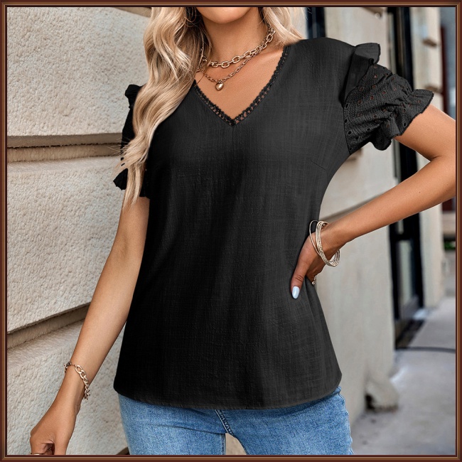 Áo Kiểu Tay Phồng Ngắn Cổ Chữ V Màu Sắc Đơn Giản Thời Trang Đi Biển Cho Nữ