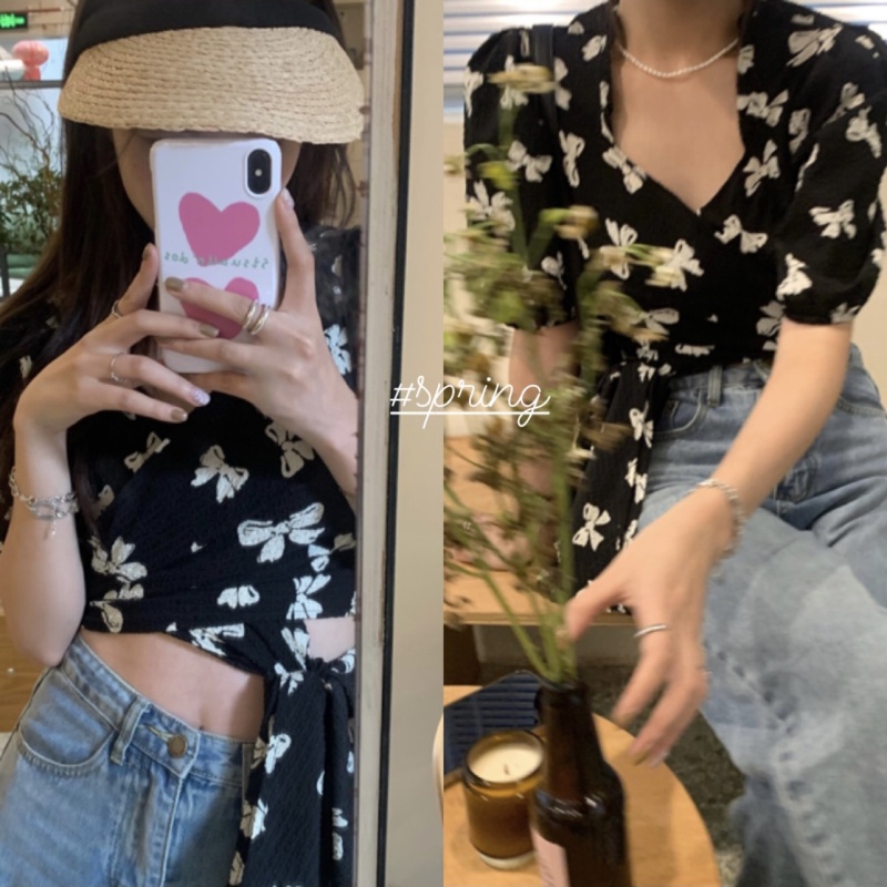 SUXI Áo Sơ Mi Chiffon Tay Ngắn Dáng Ôm In Họa Tiết Thắt Nơ Kiểu Vintage Xinh Xắn