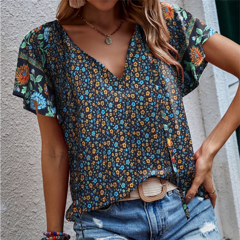 Áo kiểu nữ ZANZEA cổ V tay xếp nếp in hoa thời trang