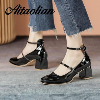Giày Cao Gót 5cm Da Mềm Mũi Vuông Phong Cách retro Cho Nữ