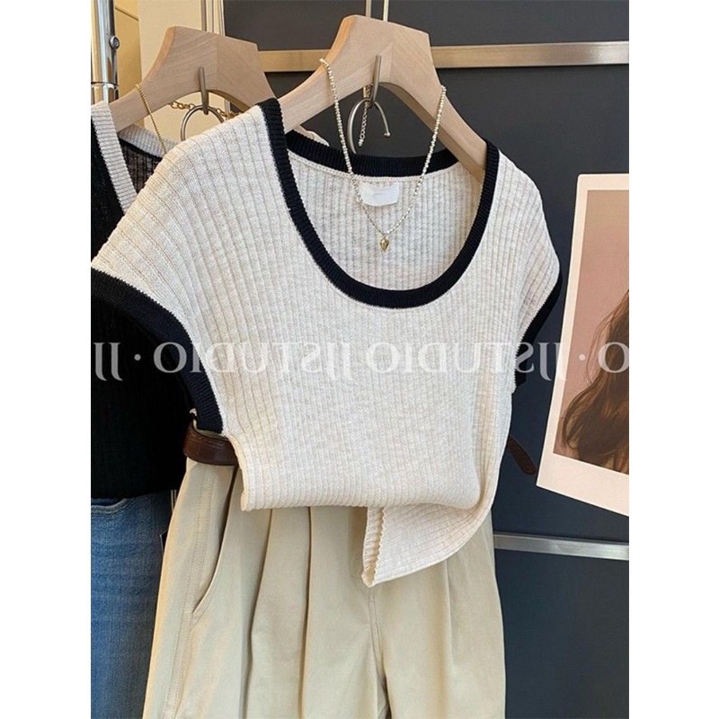 Áo Thun Croptop Dệt Kim Tay Ngắn Màu Sắc Tương Phản Phong Cách Hàn Quốc Thời Trang Mùa Hè Cho Nữ