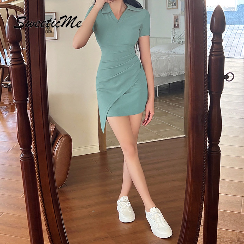 Đầm Tay Ngắn Cổ Polo Dáng Ôm Màu Trơn Thời Trang Mới 2023 Dành Cho Bạn Nữ