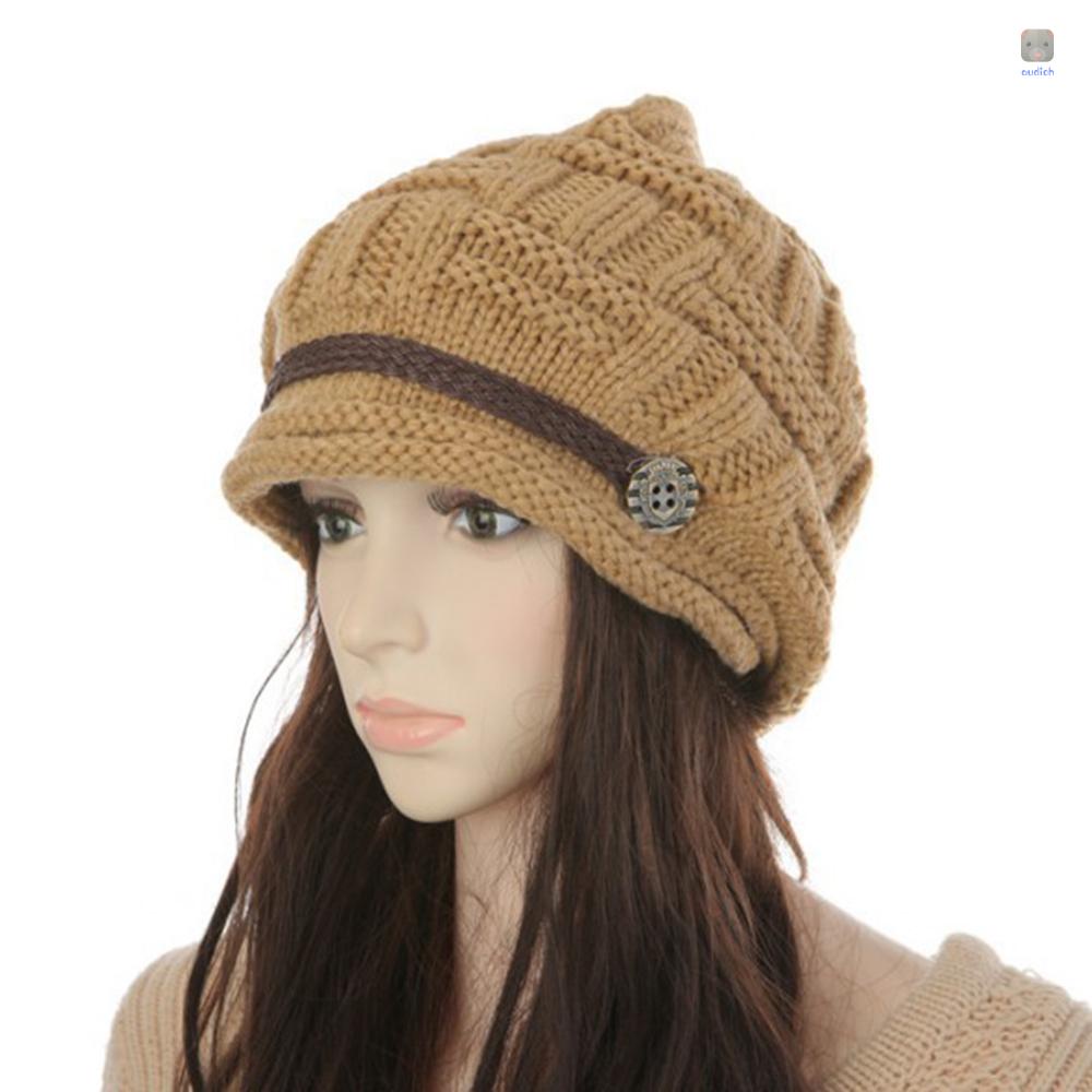 Mũ Len Beanie Dệt Kim Họa Tiết Kẻ Sọc Có Dây Thắt Lưng Bằng Da Thời Trang Mùa Đông Cho Nữ
