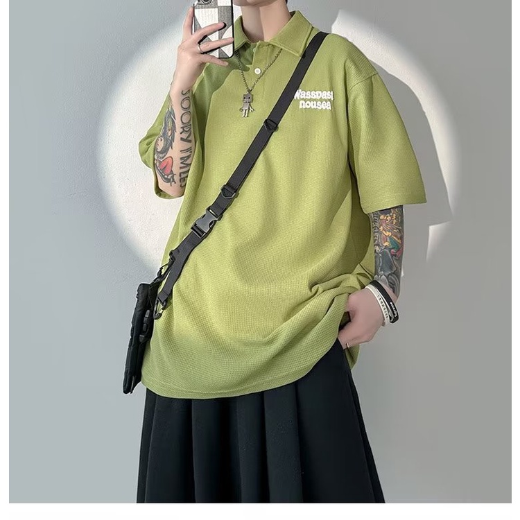 Áo Thun Polo Ngắn Tay Dáng Rộng Thêu Họa Tiết Đơn Giản Phong Cách Đường Phố Mỹ Thời Trang Mùa Hè Cho Nam