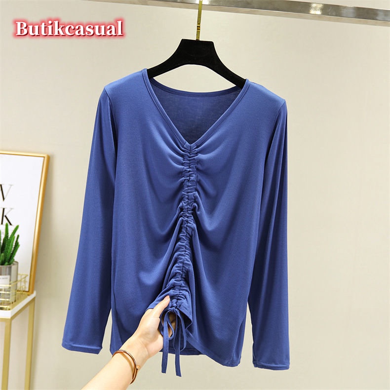 Áo Thun cotton Tay Dài Cổ Chữ v Dáng Rộng Màu Trơn Thời Trang Mùa Hè 2023 Cho Nữ