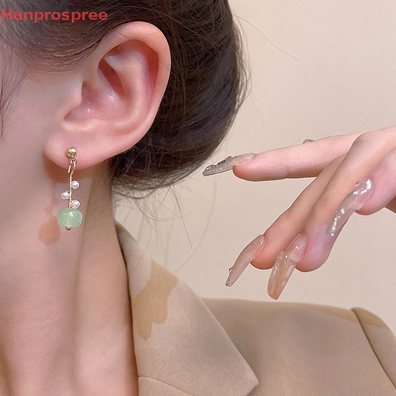 Hanprospree > 1 Đôi Bông Tai Ngọc Trai Dáng Dài Hình Hoa Màu Xanh Lá Thời Trang Đơn Giản Cá Tính Dành Cho Nữ