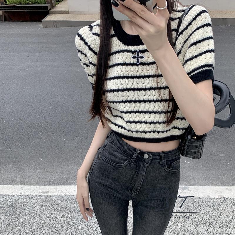 Áo Thun Dệt Kim Tay Ngắn Cổ Tròn Thêu Họa Tiết Kẻ Sọc Thời Trang Mùa Hè Cho Nữ