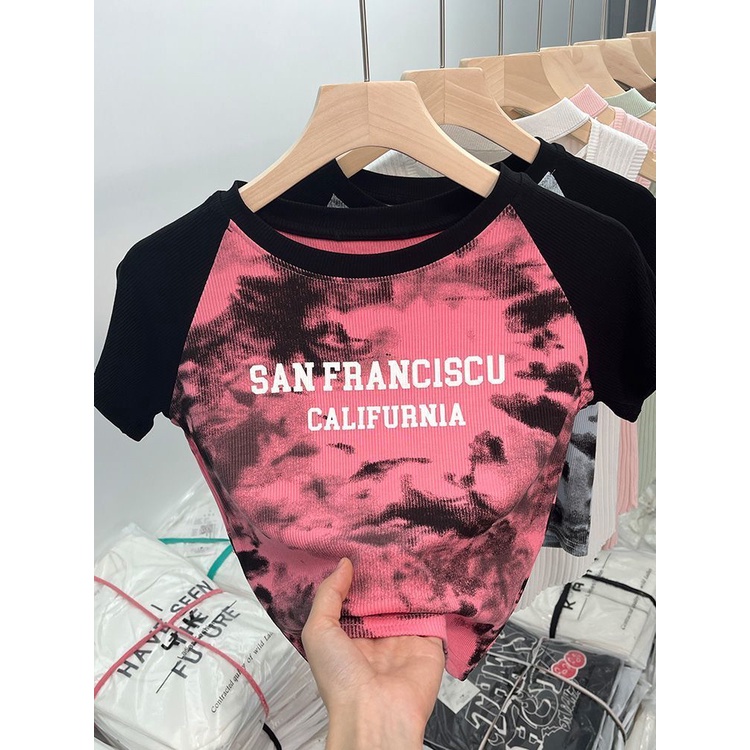 Áo baby tee Thun croptop Raglan Tay Ngắn Dáng Ôm Màu Sắc Tương Phản Thời Trang Mùa Hè Dành Cho Nữ