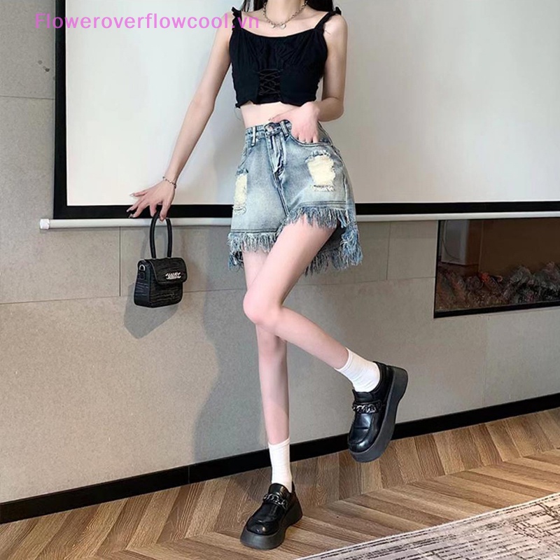 Quần Short Denim Rách Lưng Cao Y2k Thời Trang Mùa Hè Cho Nữ