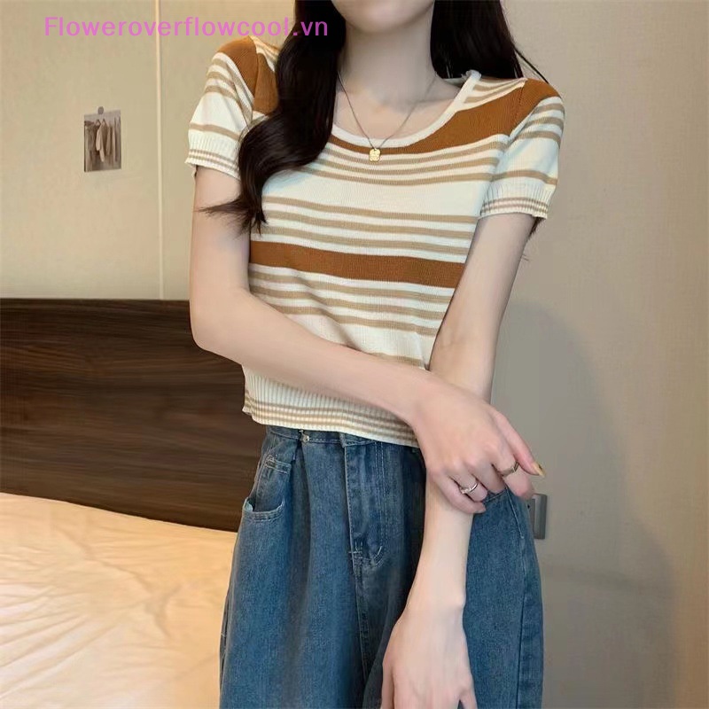 FOFC Summer Vintage Stripe Knitted Short Sleeve T-shirt Women Round Neck Casual Pullovers Crop Tops HOT