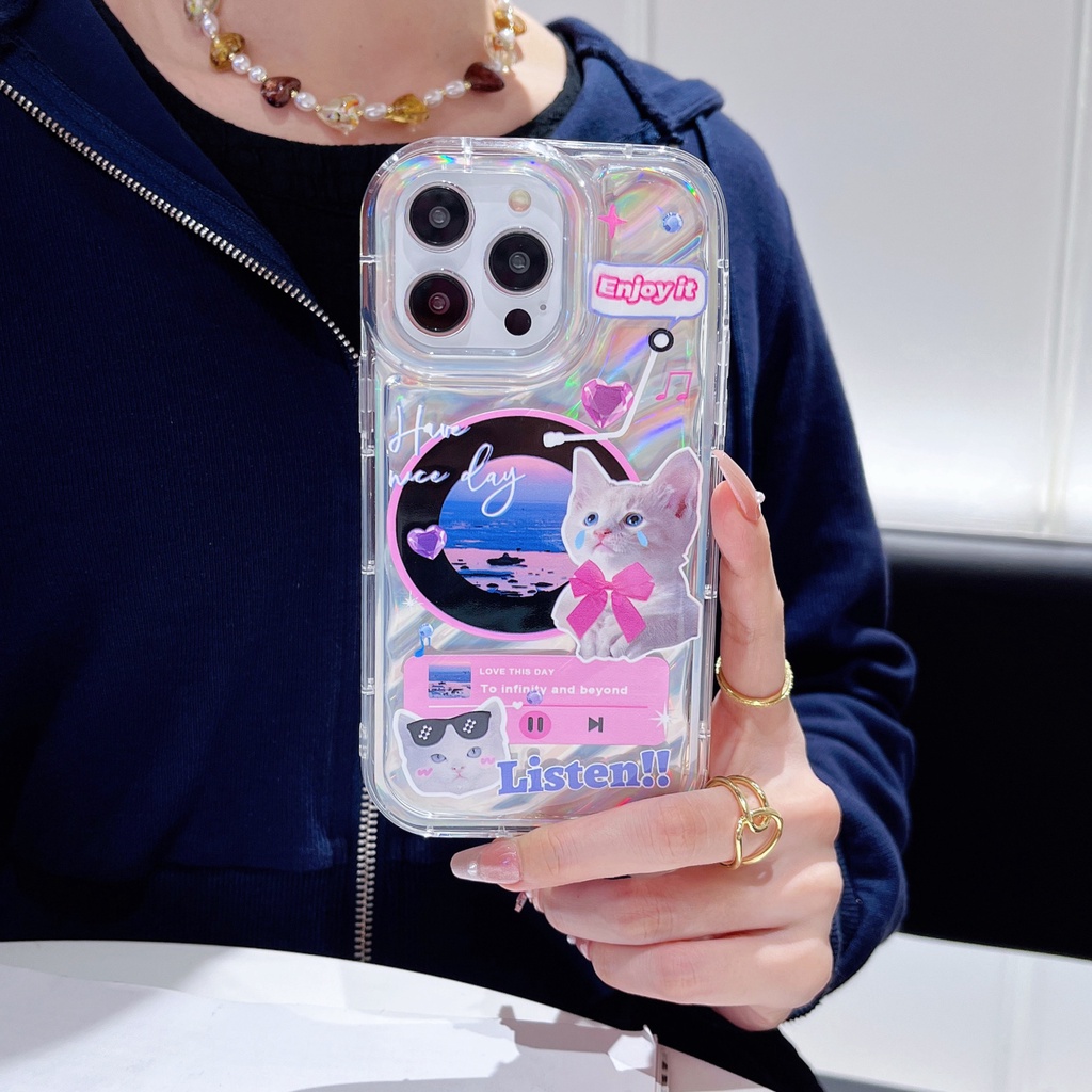 Ốp Điện Thoại TPU Dẻo Màu Laser Họa Tiết Chó Mèo Dễ Thương Chống Rơi Cho iPhone 12 13 14 Pro Max