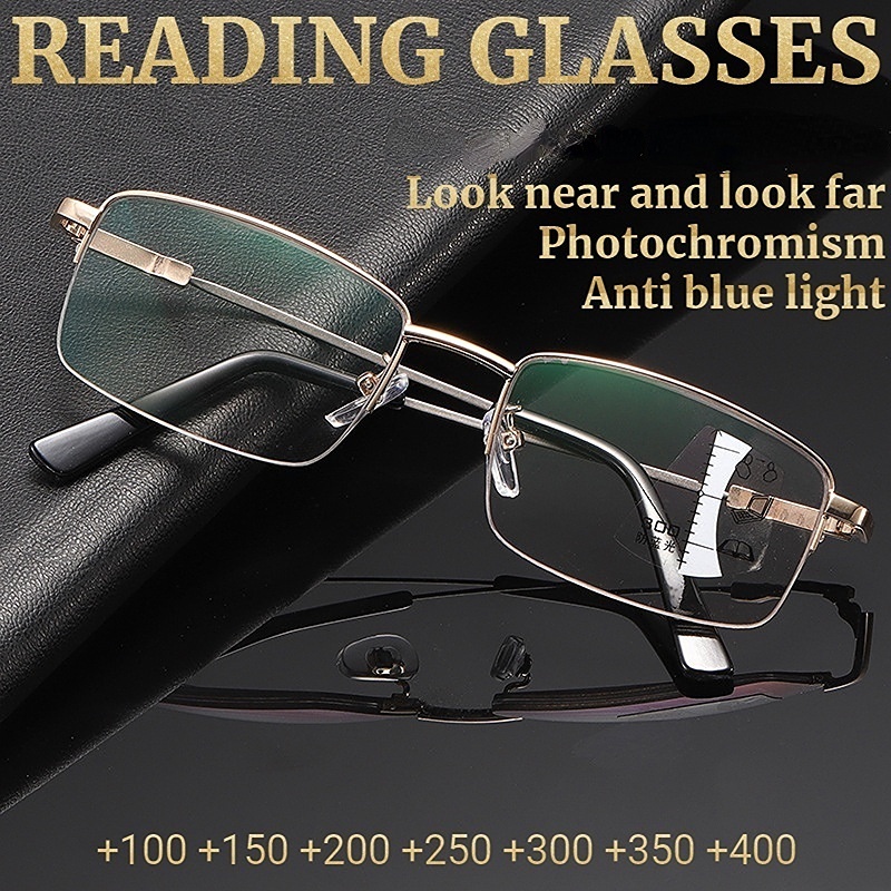 Kính Đọc Sách Nửa Gọng Kim Loại Thông Minh Photochromic Chống Ánh Sáng Xanh