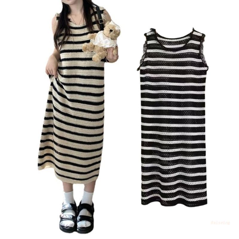 Đầm Midi Đan Len Dáng Rộng Không Tay Họa Tiết Kẻ Sọc Thời Trang Mùa Hè Cho Nữ